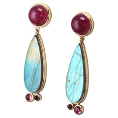 14 Karat Yellow Gold Tourmaline Rubellite and Labradorite Earrings