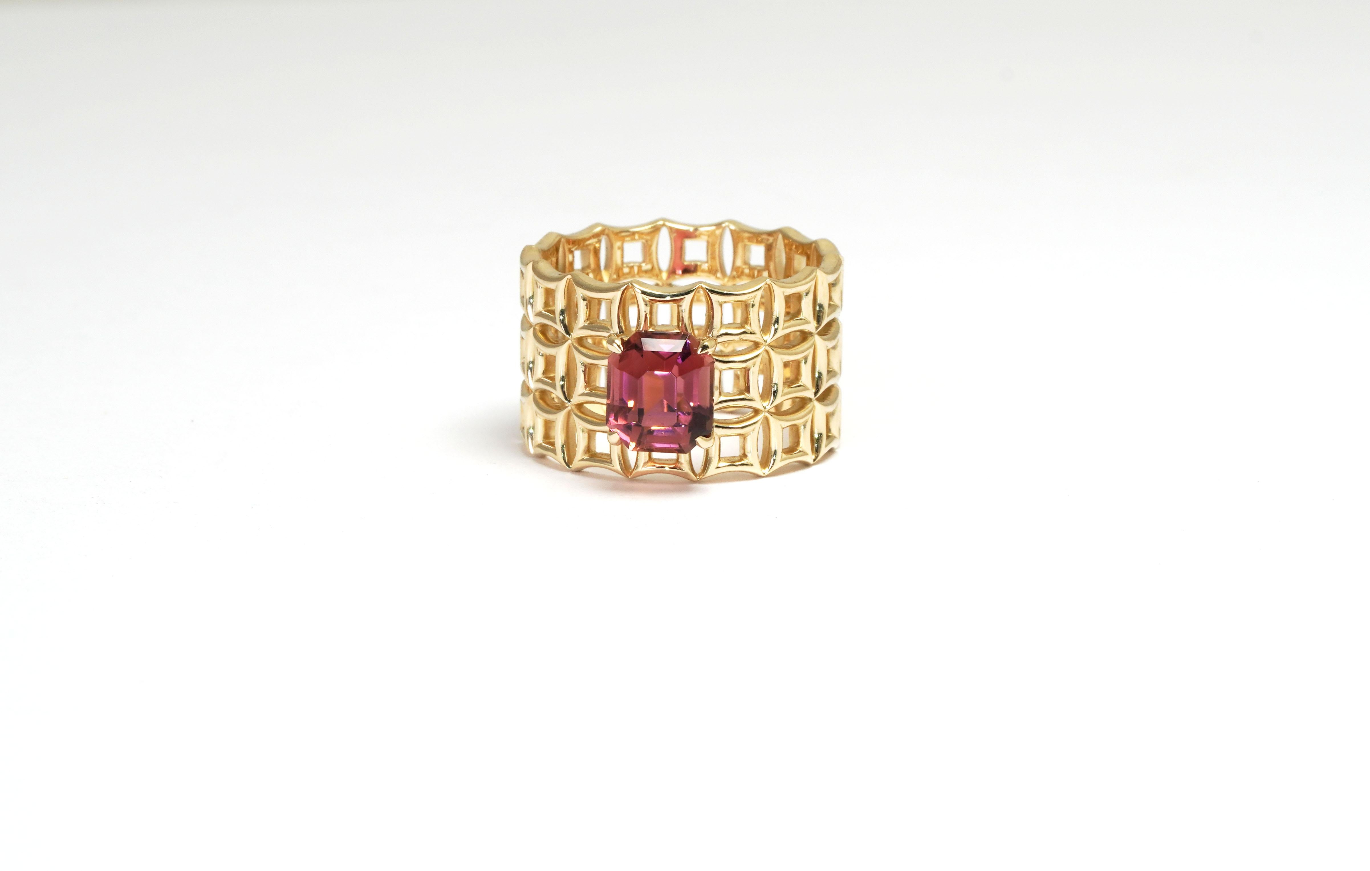 Emerald Cut 14 Karat Yellow Gold Tourmaline Rubellite Ring For Sale