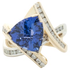14 Karat Yellow Gold Trillion Cut Tanzanite and Diamond Geometric Ring