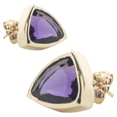 14 Karat Yellow Gold Trillion Cut Bezel Set Amethyst Stud Earrings