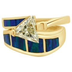 14 Karat Yellow Gold Trillion Cut Diamond Opal Inlay Engagement Ring