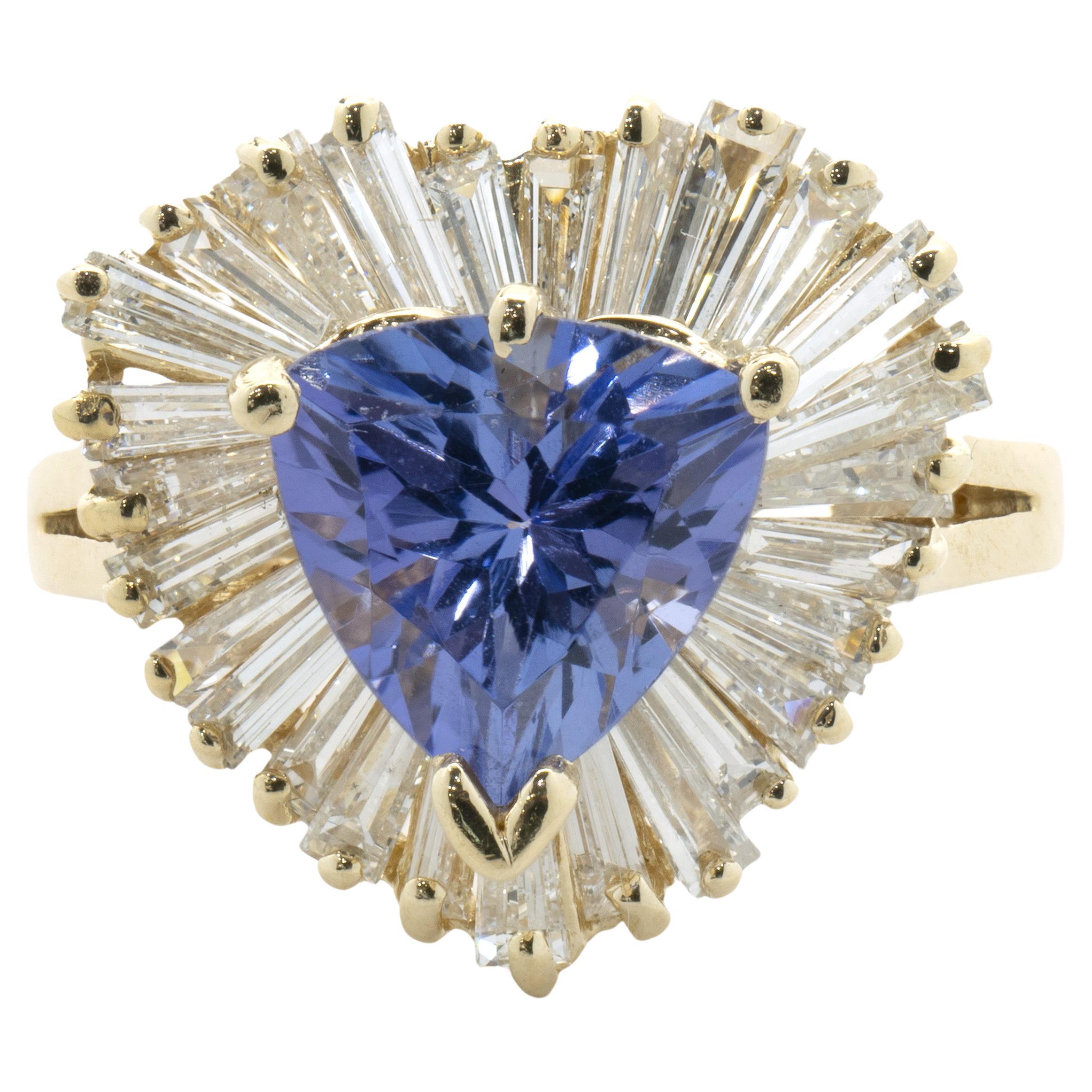 14 Karat Yellow Gold Trillion Cut Tanzanite and Diamond Ballerina Ring For Sale