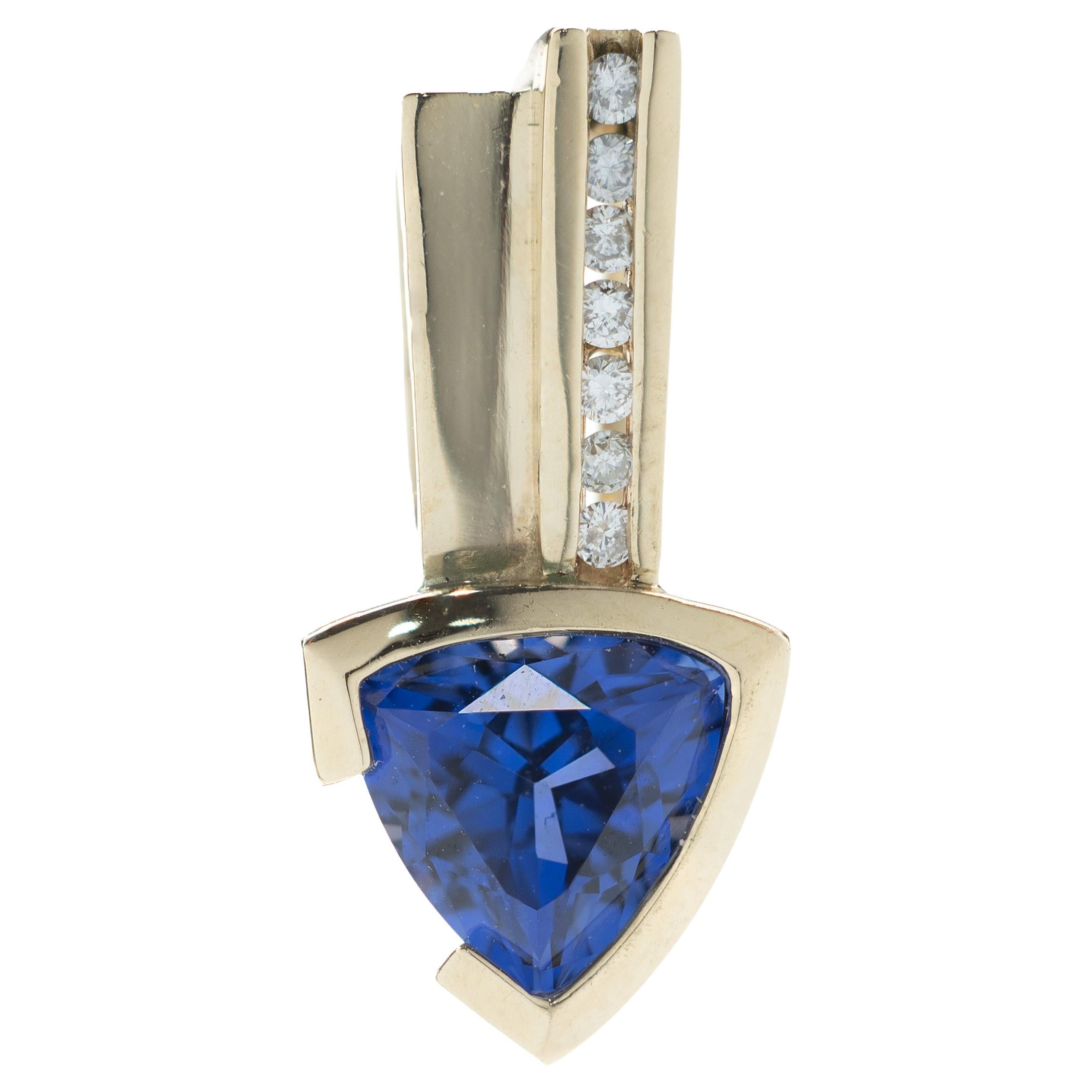 14 Karat Yellow Gold Trillion Tanzanite and Diamond Slide Pendant For Sale