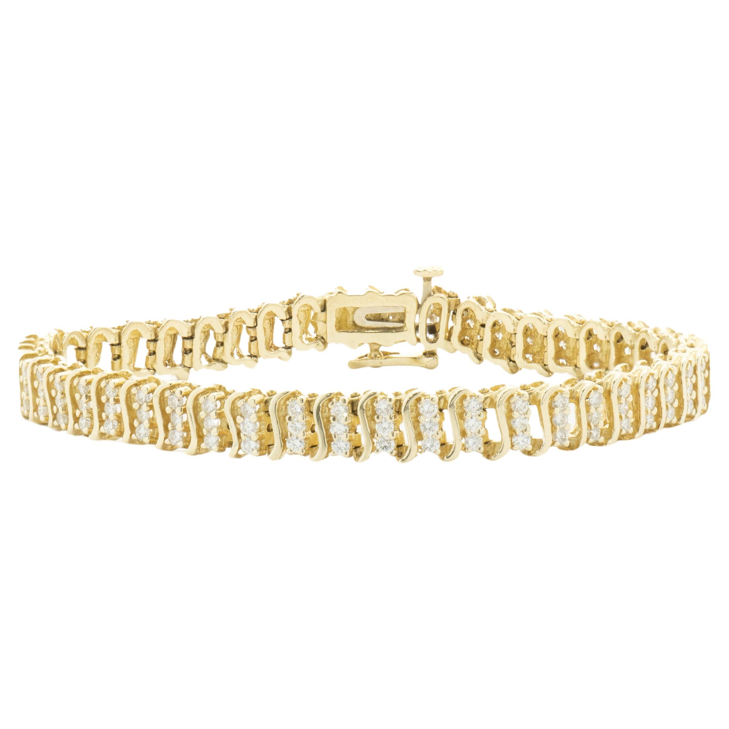 14 Karat Yellow Gold Triple Row Diamond S Link Tennis Bracelet For Sale
