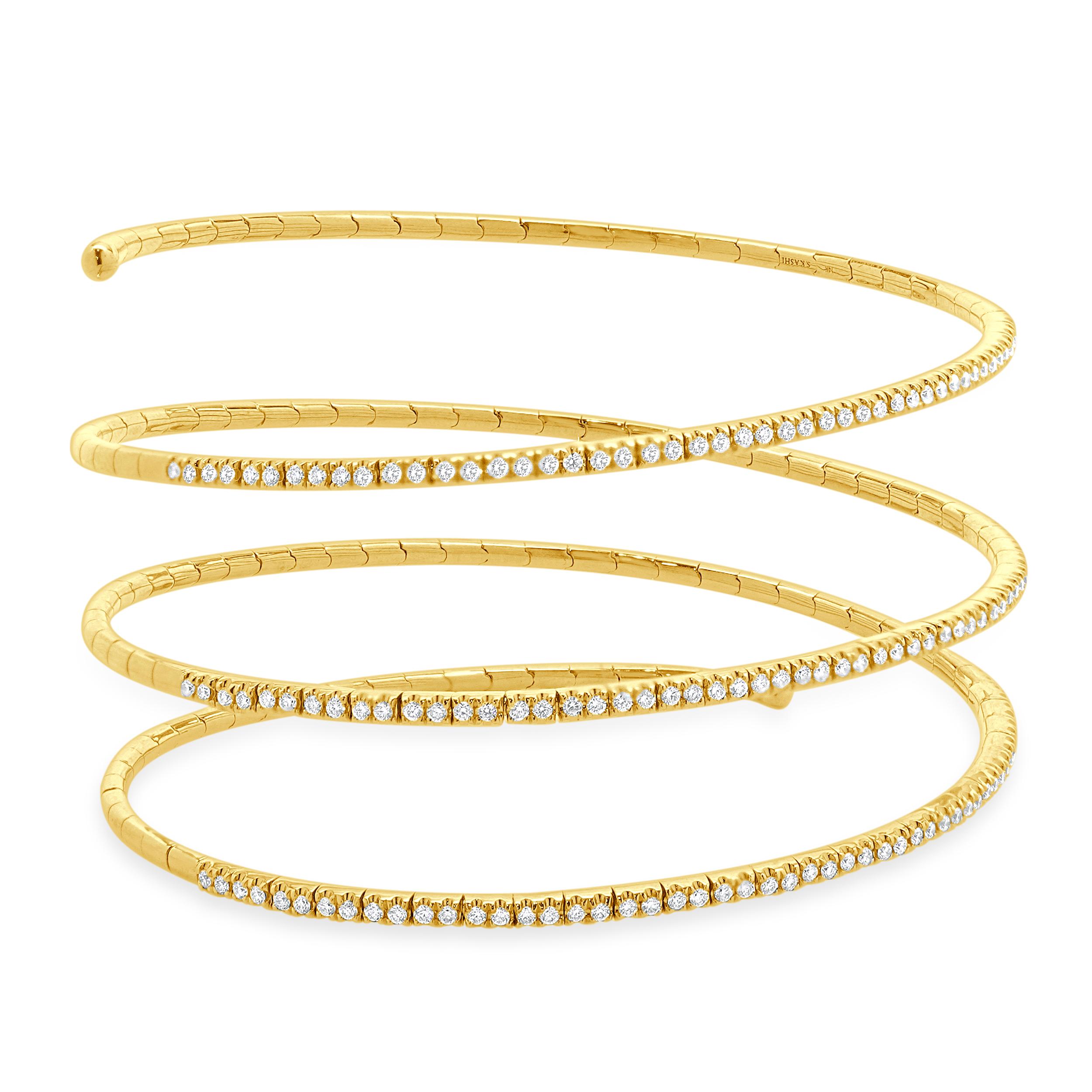 Round Cut 14 Karat Yellow Gold Triple Wrap Diamond Bracelet For Sale