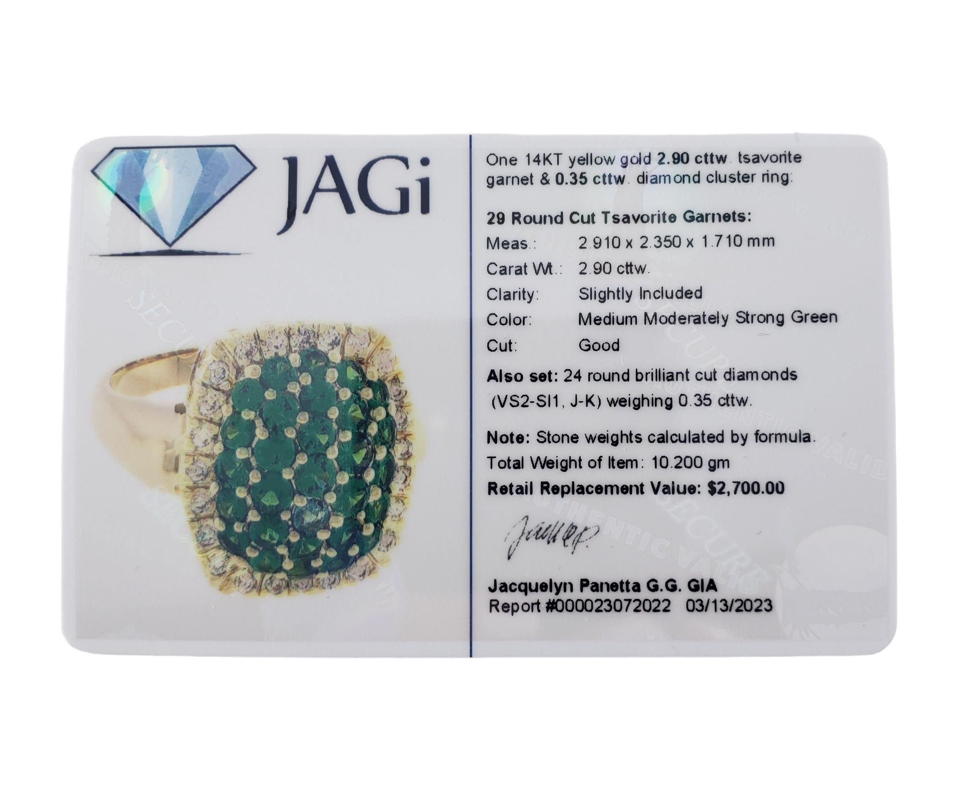 14 Karat Yellow Gold Tsavorite Garnet and Diamond Ring #14035 For Sale 1