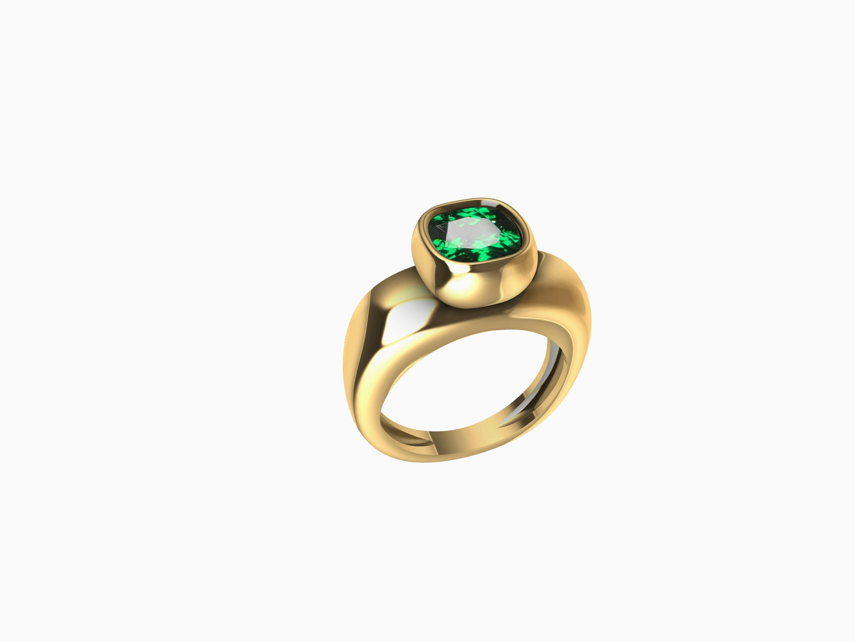 14 Karat Yellow Gold Tsavorite Sculpture Ring, Tiffany Designer, Thomas Kurilla is really a sculptor at heart.  Keeping it simple. This idea of simplifying your life can go into a lifestyle of design also. 7 X 7 mm cushion cut tsavorite in bezel