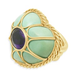14 Karat Yellow Gold Turquoise & Amethyst Heart Ring