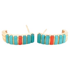 14 Karat Yellow Gold Turquoise and Carnelian J Style Hoop Earrings