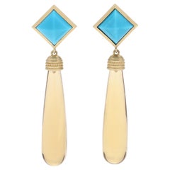 14 Karat Yellow Gold, Turquoise and Citrine Dangle Earrings