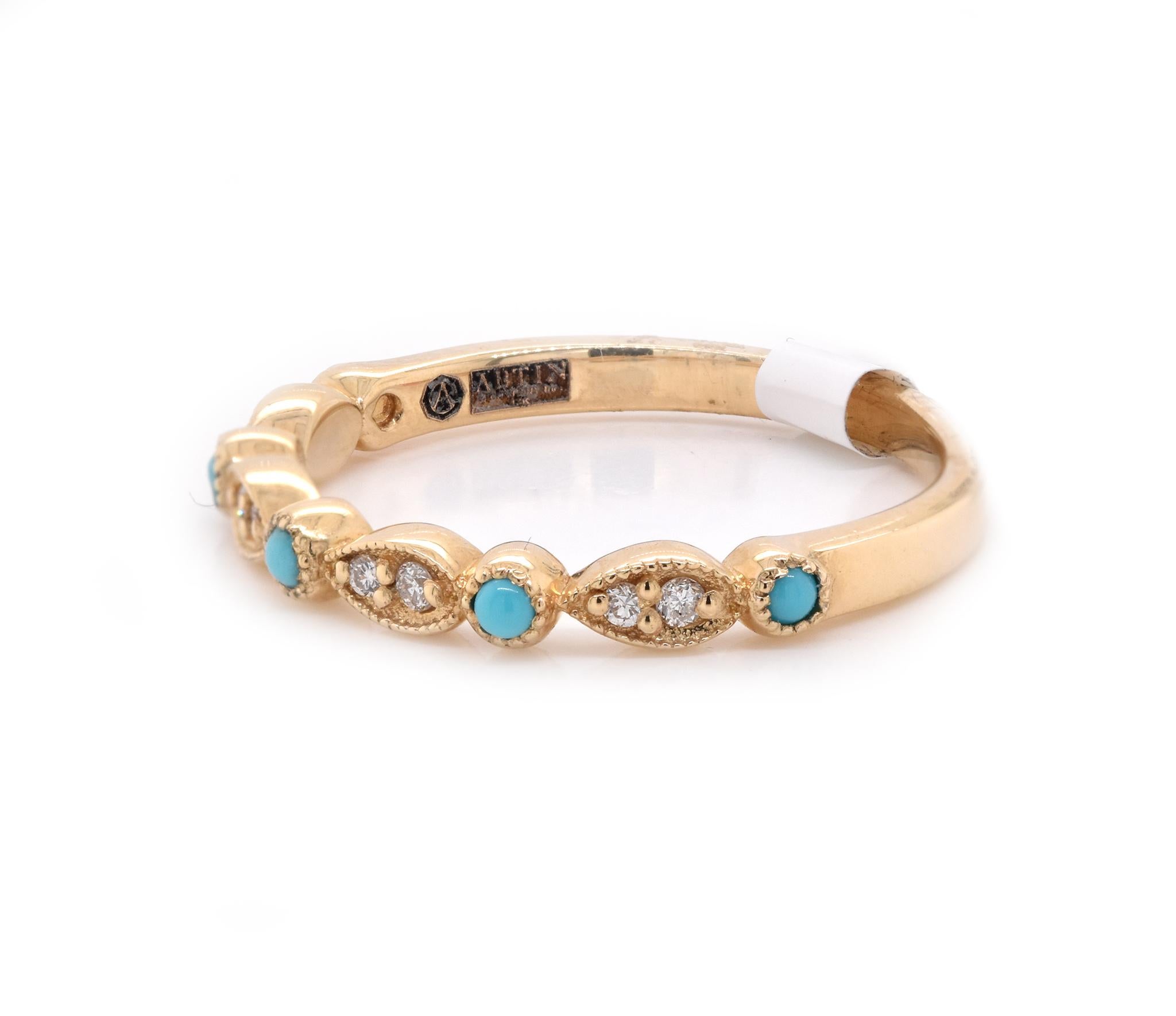 Round Cut 14 Karat Yellow Gold Turquoise and Diamond Band