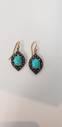 14 Karat Yellow Gold Turquoise and Diamond Earring Suneera