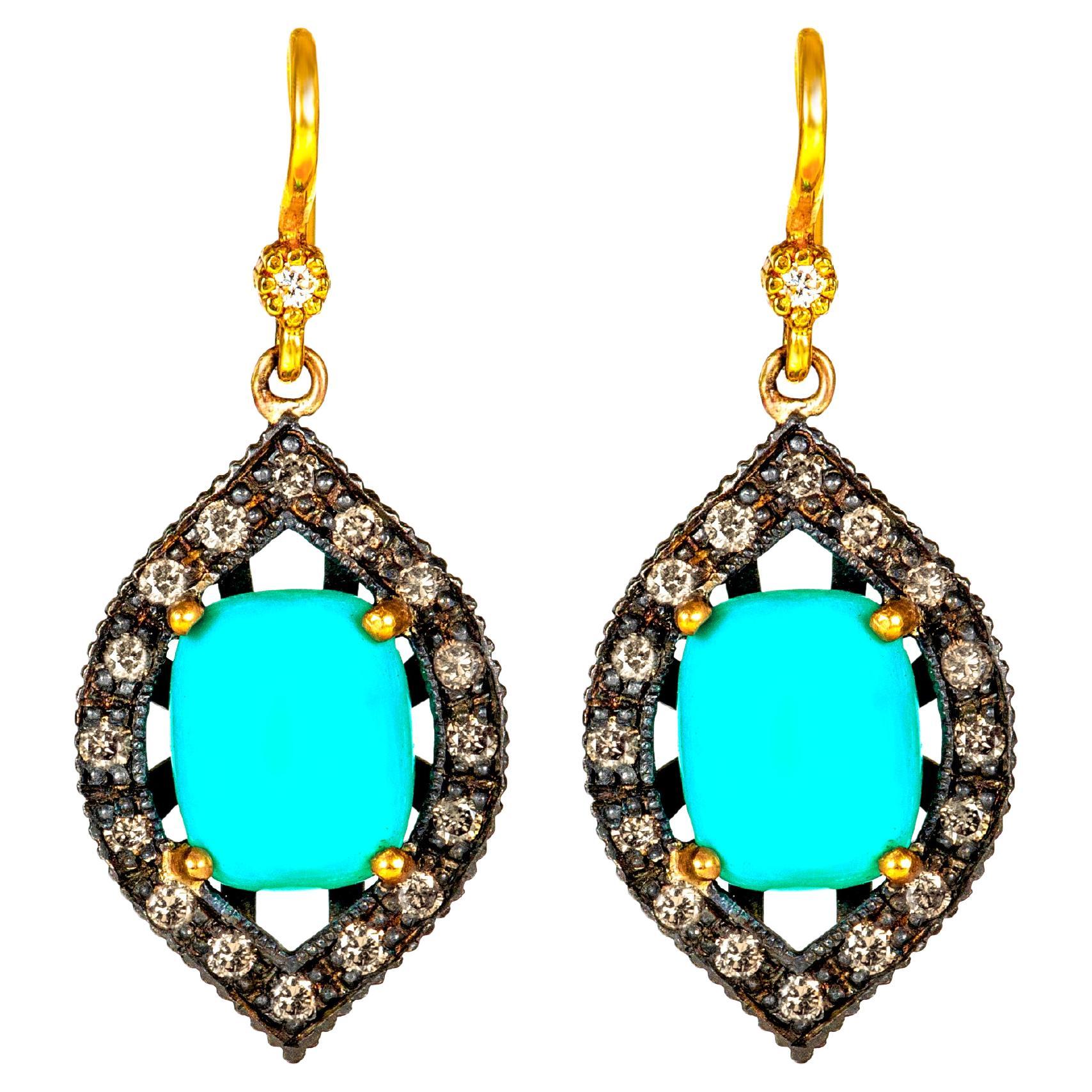 1930s Persian Turquoise Diamond Gold Earrings at 1stDibs