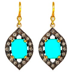 14 Karat Yellow Gold Turquoise and Diamond Earring Suneera