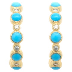 14 Karat Yellow Gold Turquoise and Diamond Hoop Earrings