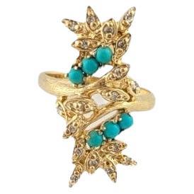 14 Karat Yellow Gold Turquoise and Diamond Ring Size 7 #14659 For Sale
