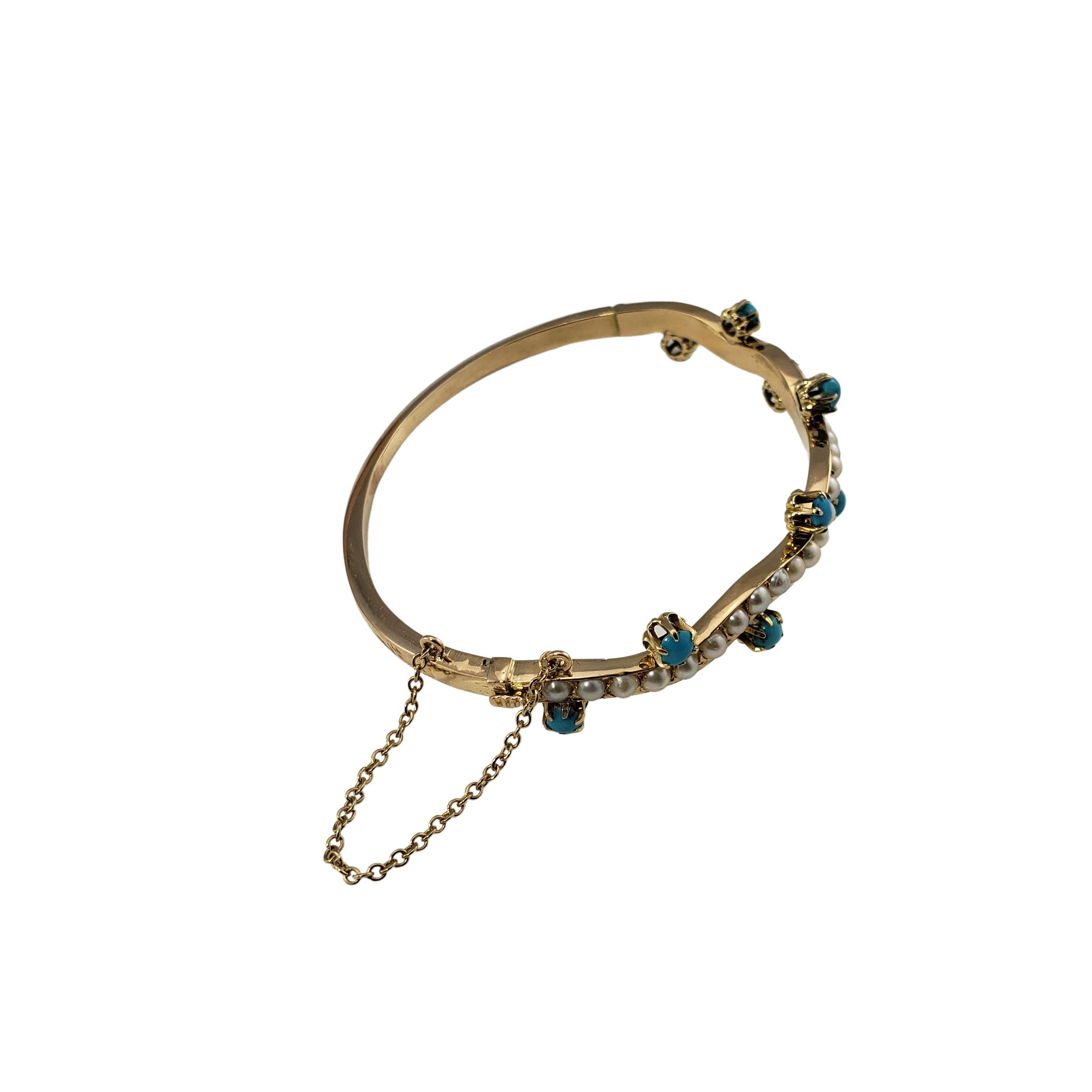 Cabochon 14 Karat Yellow Gold Turquoise and Pearl Bangle Bracelet