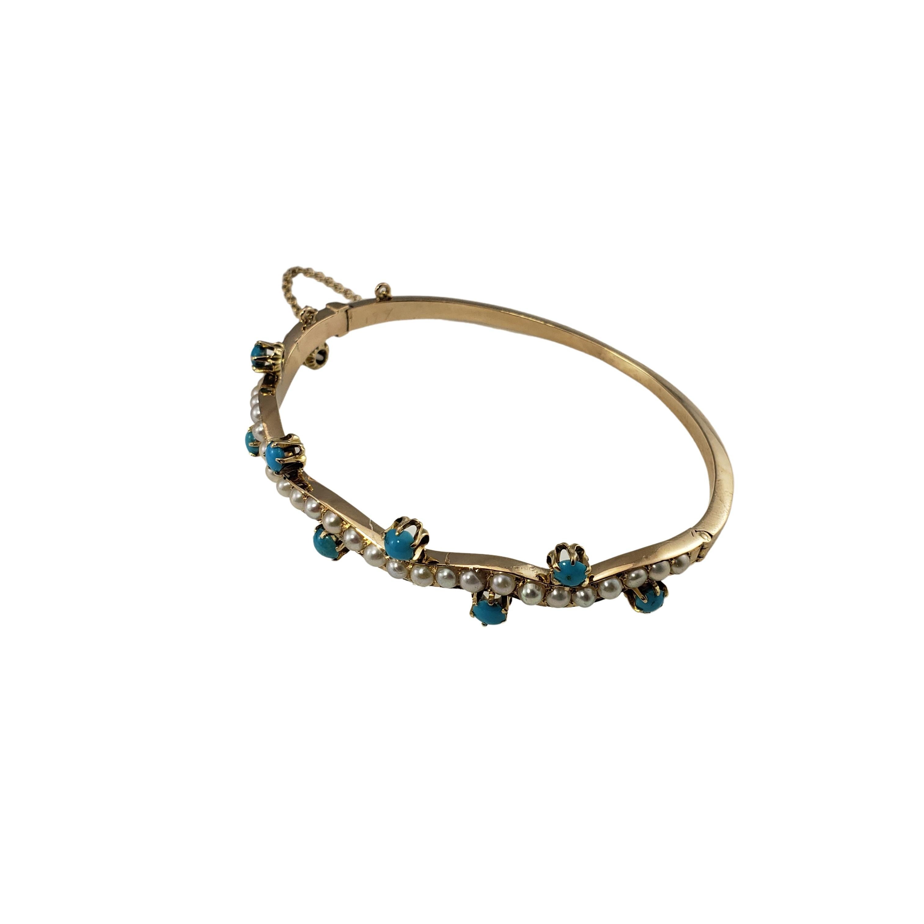 14 Karat Yellow Gold Turquoise and Pearl Bangle Bracelet In Good Condition In Washington Depot, CT