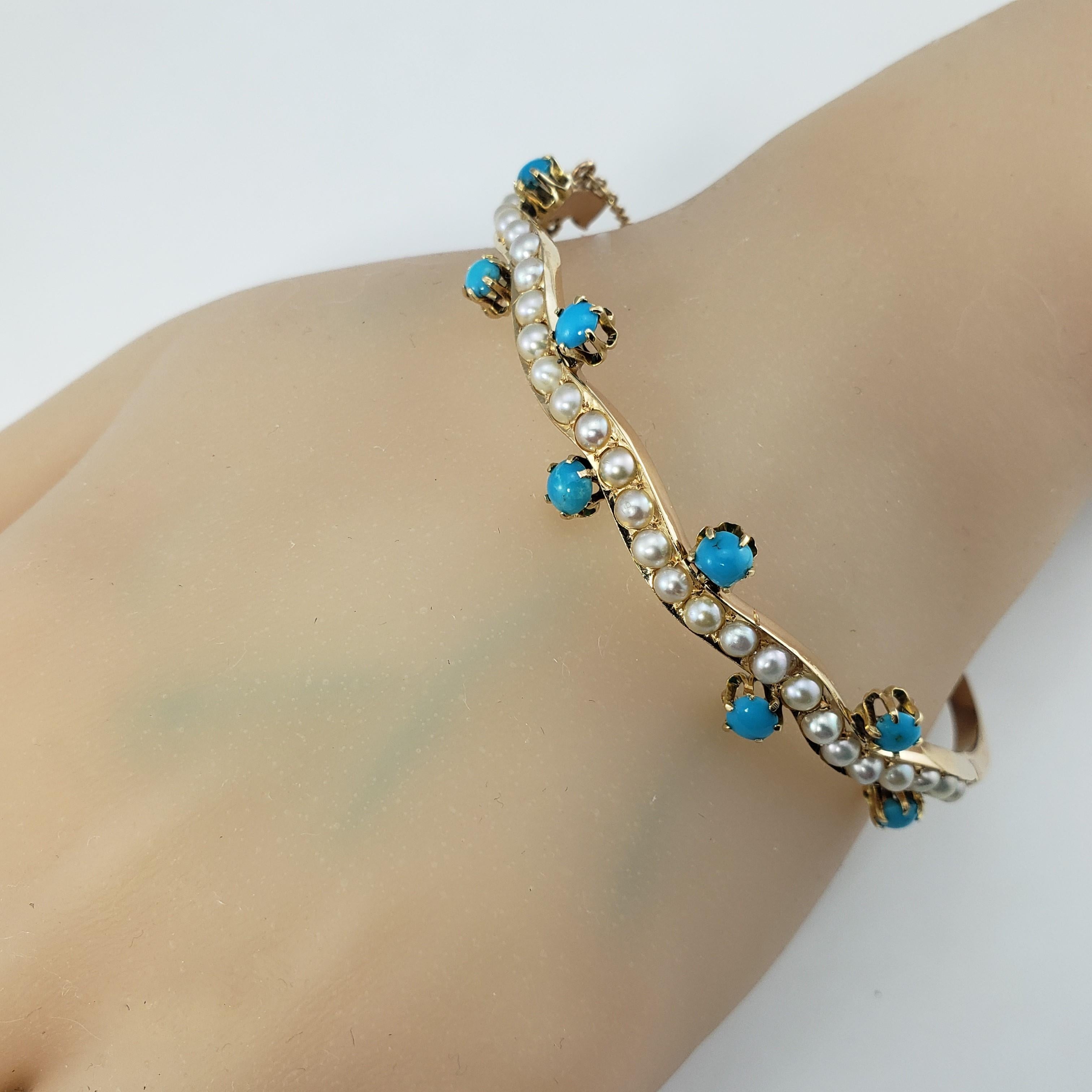 14 Karat Yellow Gold Turquoise and Pearl Bangle Bracelet 3