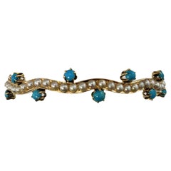 14 Karat Yellow Gold Turquoise and Pearl Bangle Bracelet