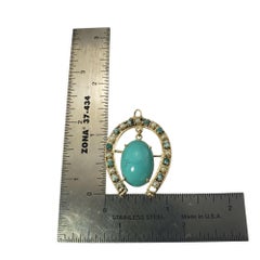 14 Karat Yellow Gold Turquoise and Pearl Horseshoe Brooch / Pendant
