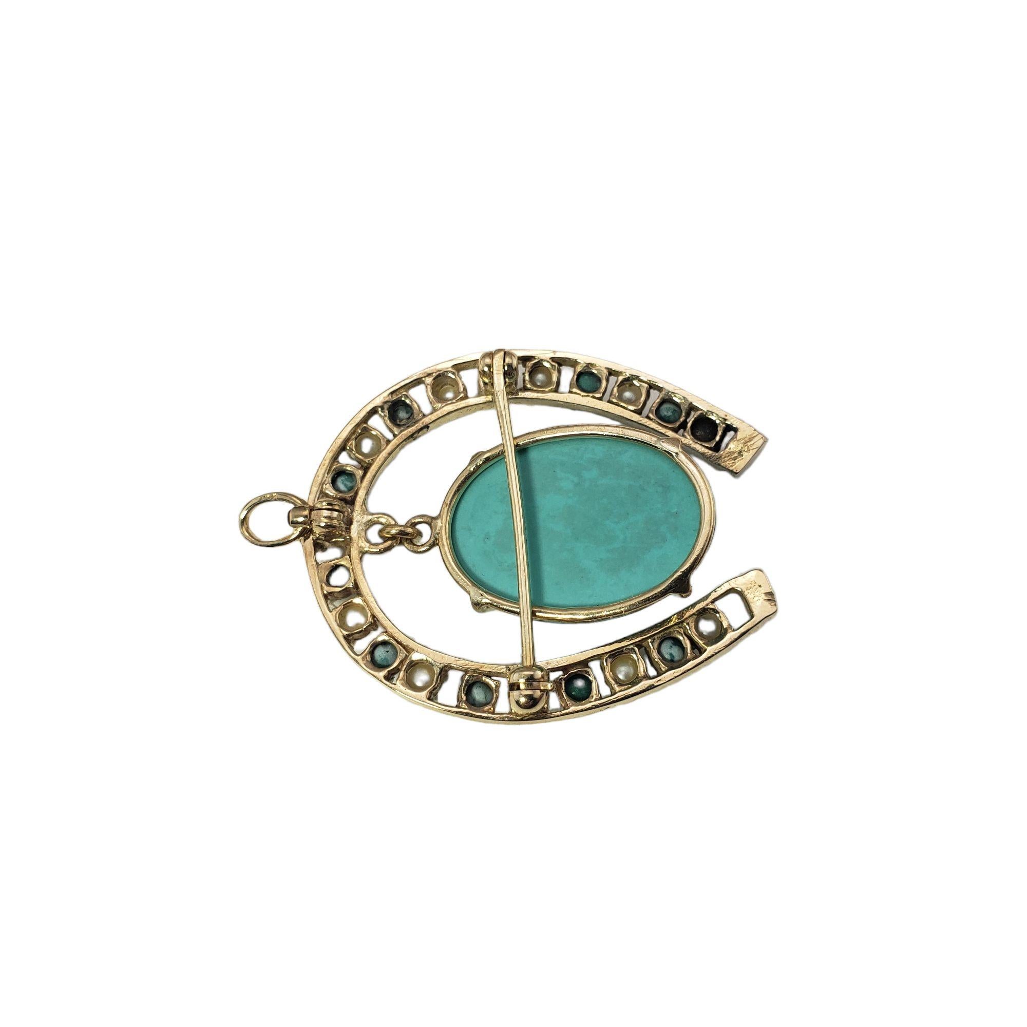 14 Karat Yellow Gold Turquoise and Pearl Horseshoe Brooch / Pendant In Good Condition In Washington Depot, CT