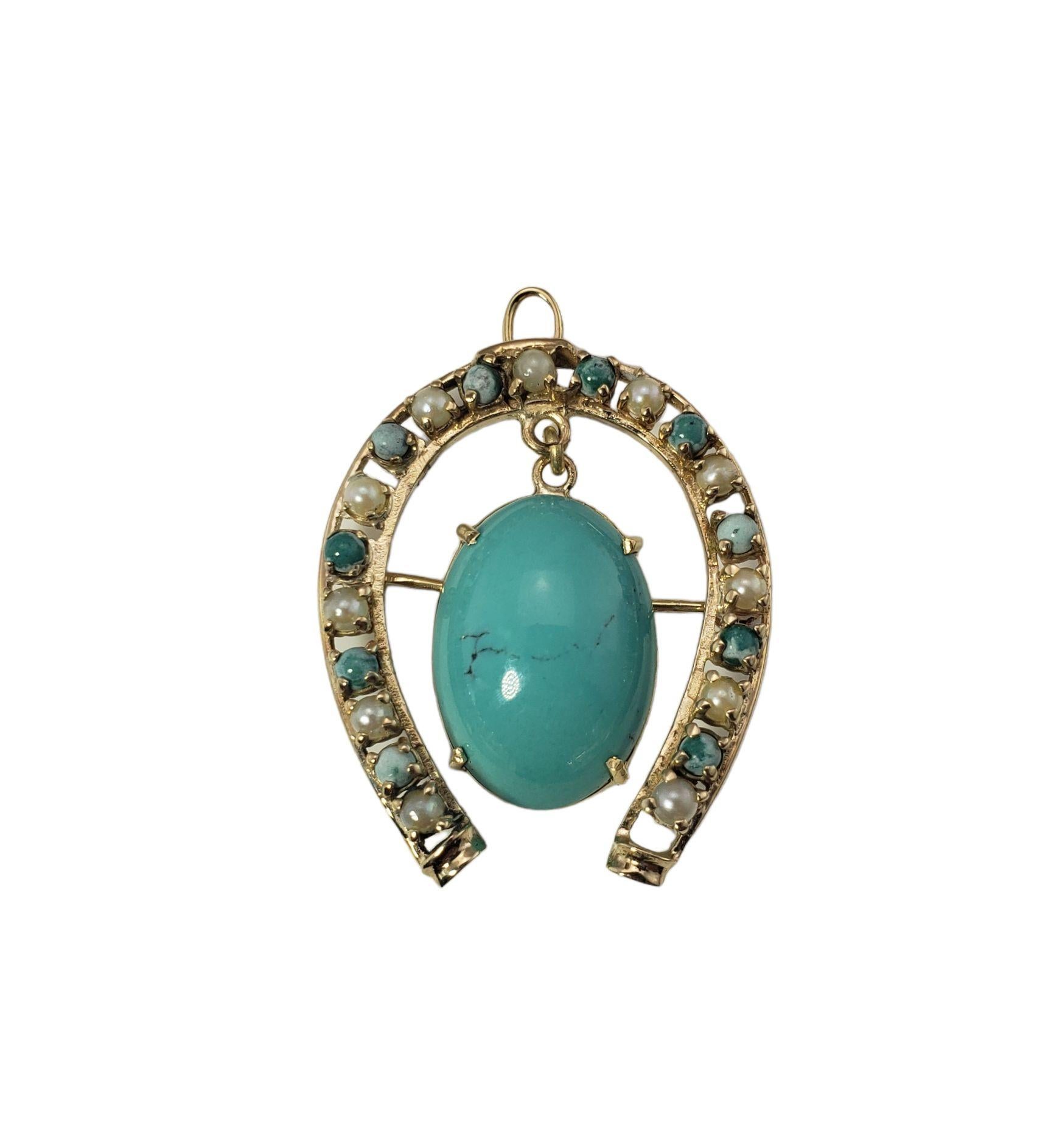 14 Karat Yellow Gold Turquoise and Pearl Horseshoe Brooch / Pendant 2