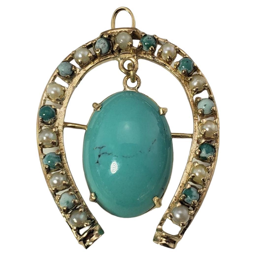 14 Karat Yellow Gold Turquoise and Pearl Horseshoe Brooch / Pendant