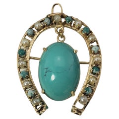 14 Karat Yellow Gold Turquoise and Pearl Horseshoe Brooch / Pendant