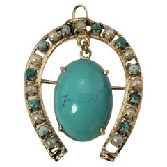 Vintage 14 Karat Yellow Gold Turquoise and Pearl Horseshoe Brooch / Pendant