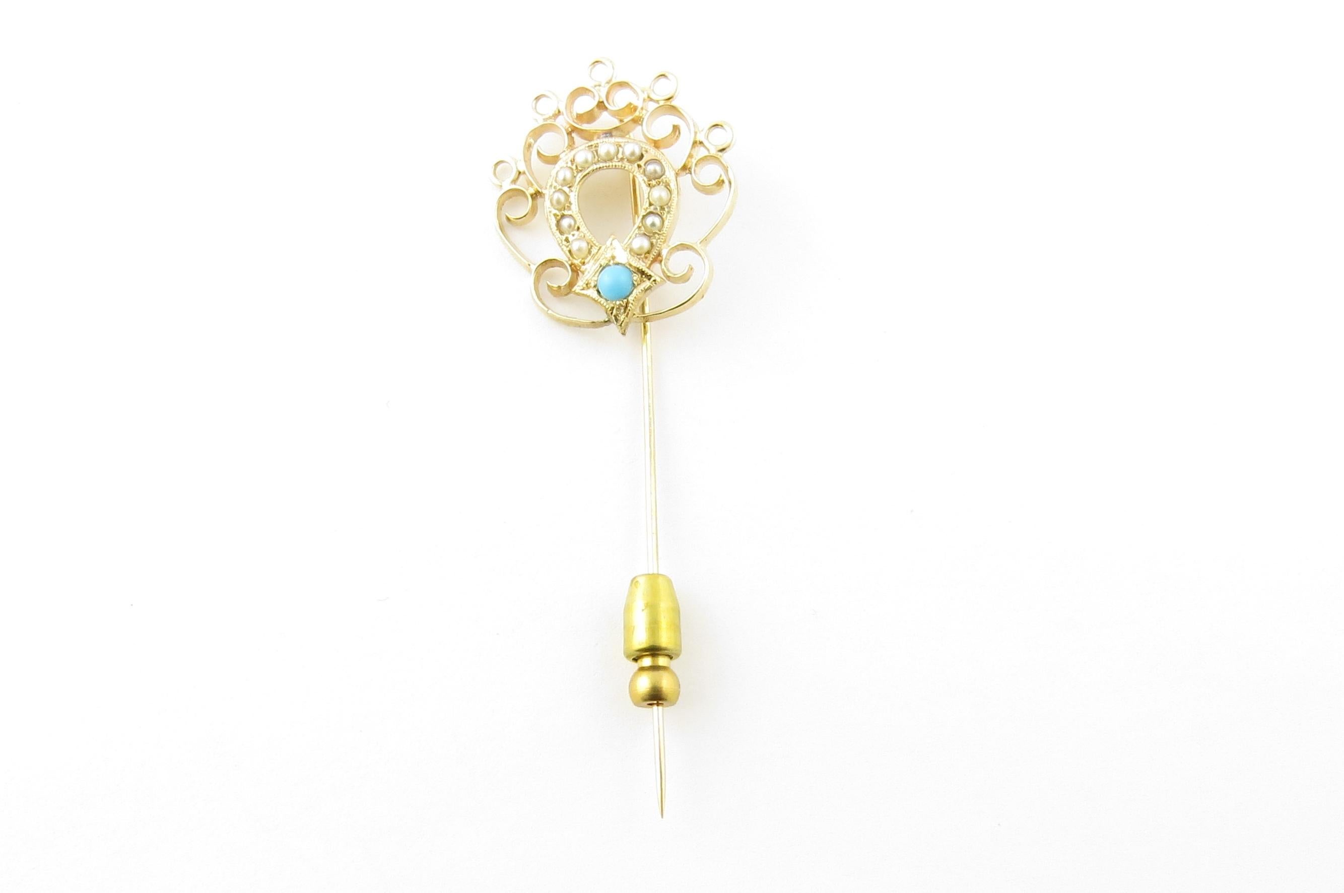 Vintage 14 Karat Yellow Gold Turquoise and Seed Pearl Stick Pin

This elegant stick pin features 1 round turquoise stone and 11 seed pearls set in beautifully detailed 14K yellow gold. Top of pin measures 24 mm x 21 mm.

Size: 60 mm

Weight: 1.5