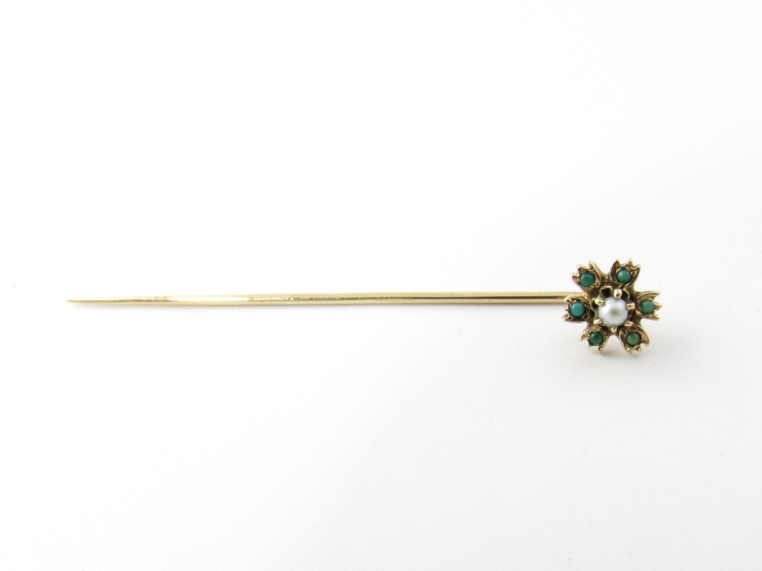Round Cut 14 Karat Yellow Gold Turquoise and Seed Pearl Stick Pin