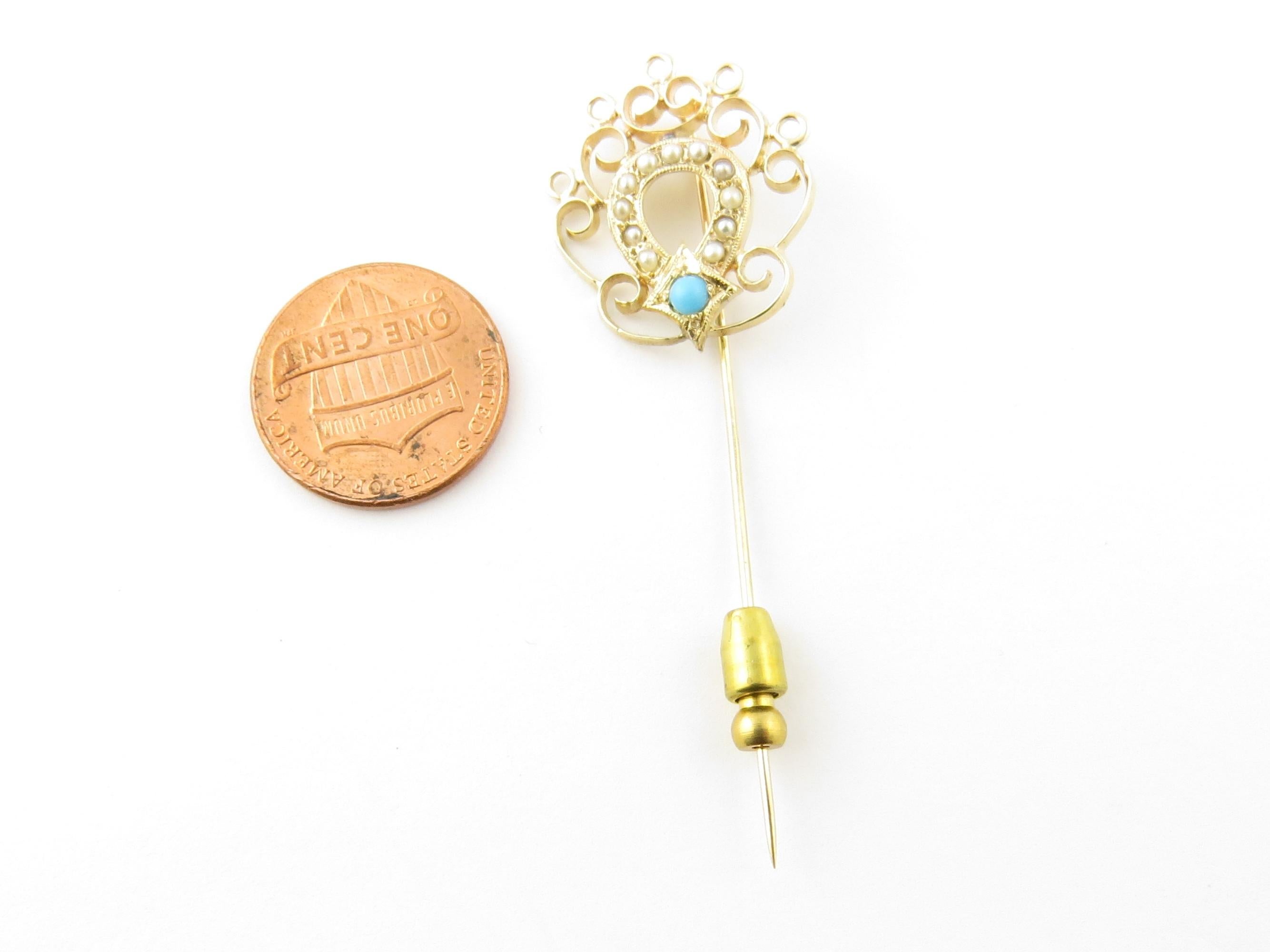 Women's 14 Karat Yellow Gold Turquoise and Seed Pearl Stick Pin