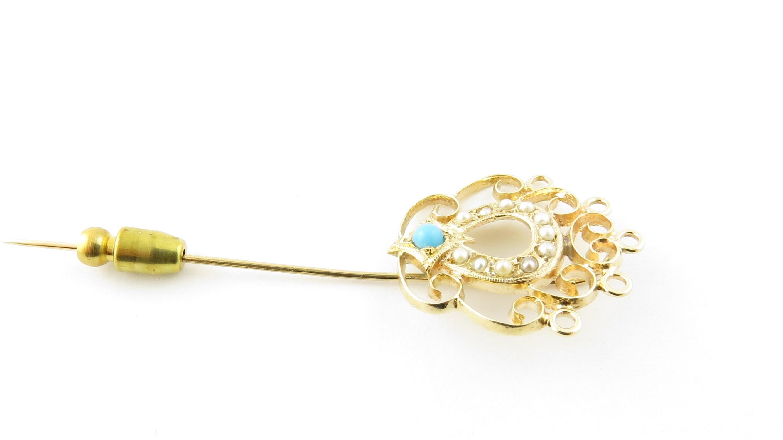 14 Karat Yellow Gold Turquoise and Seed Pearl Stick Pin 1