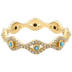 14 Karat Yellow Gold Turquoise Cabochon and Diamond Evil Eye Eternity Band