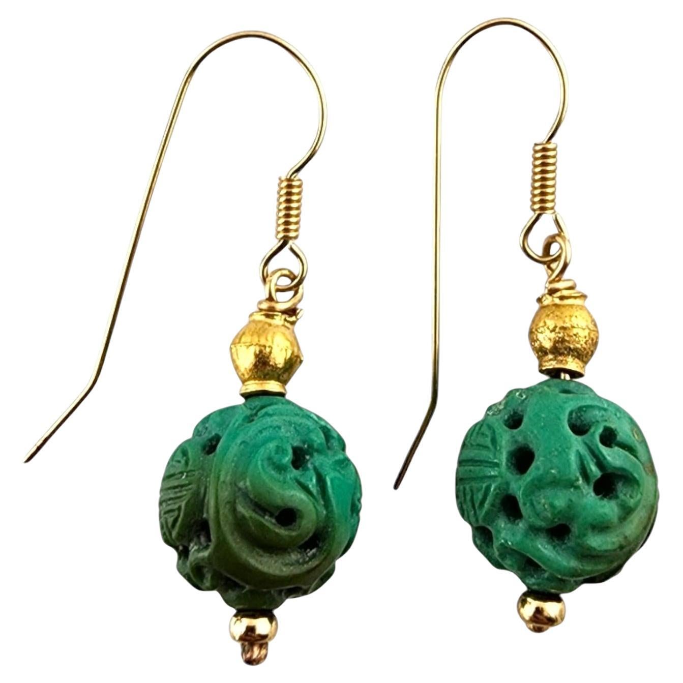 14 Karat Yellow Gold Turquoise Carved Bead Dangle Earrings #19818