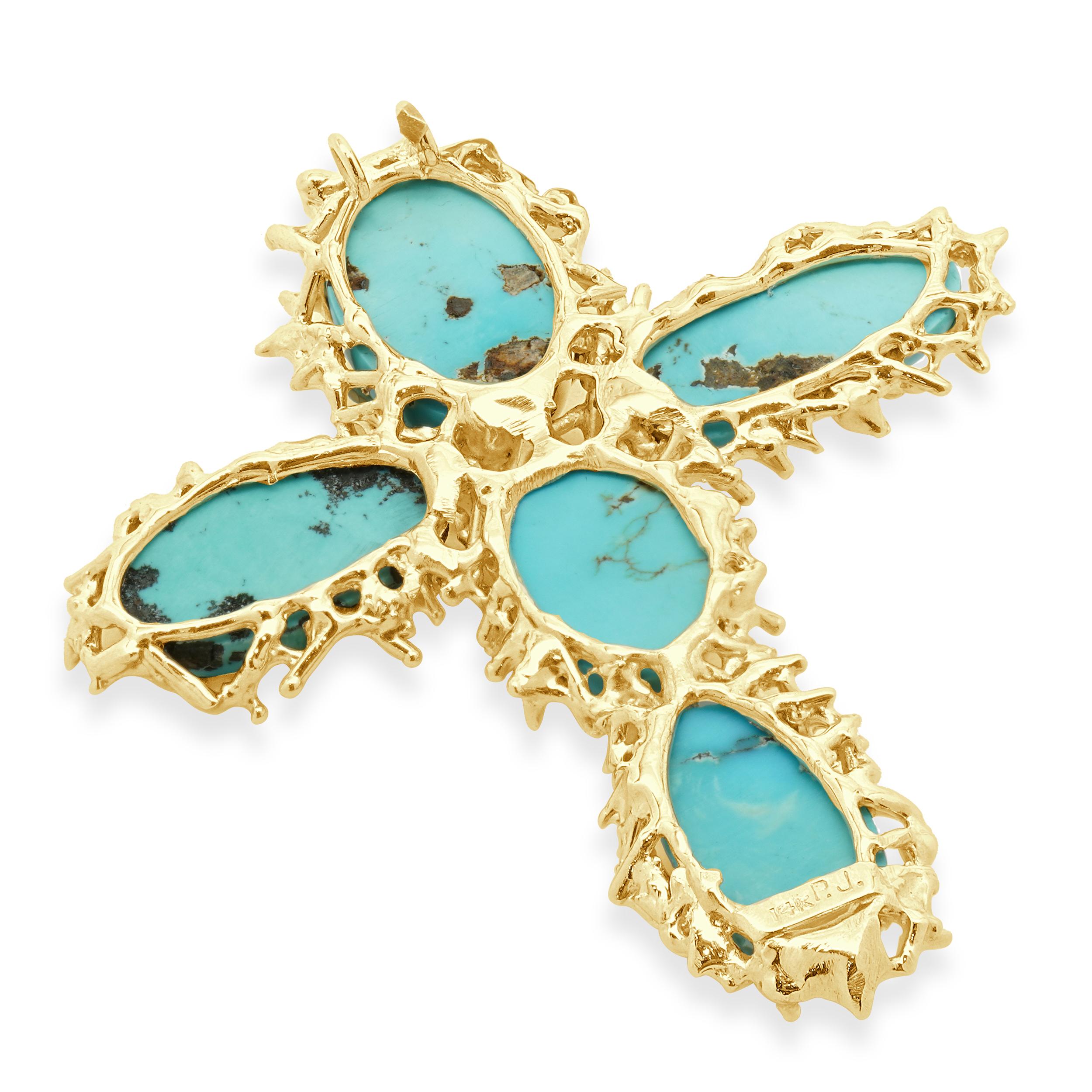 Taille ovale Pendentif croix turquoise en or jaune 14 carats en vente