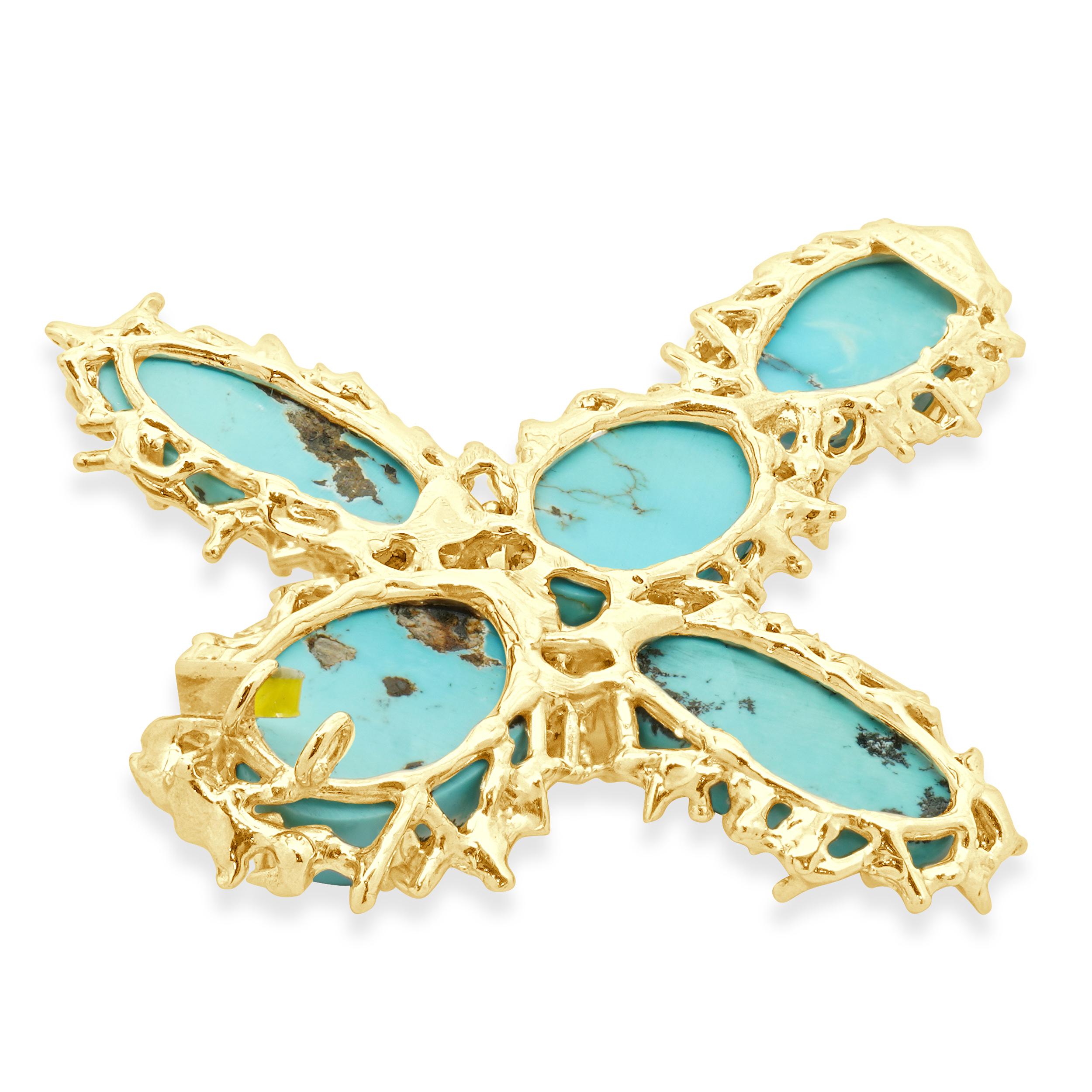 Pendentif croix turquoise en or jaune 14 carats Excellent état - En vente à Scottsdale, AZ