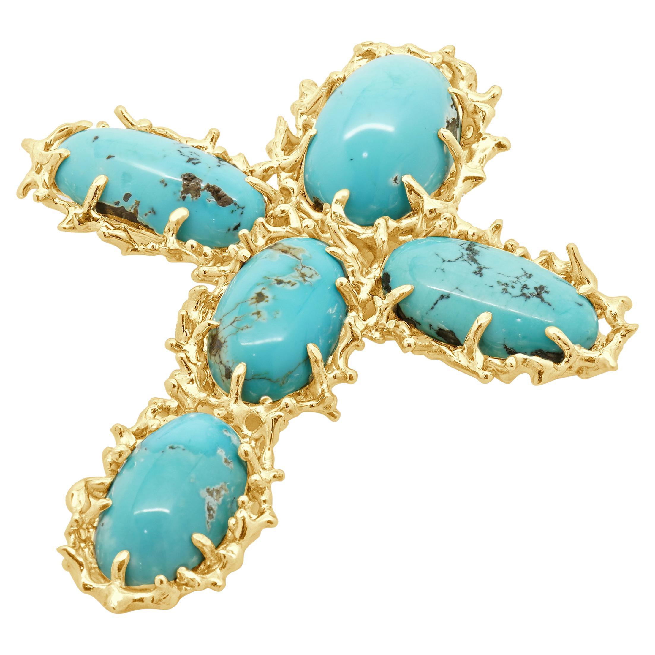 Pendentif croix turquoise en or jaune 14 carats