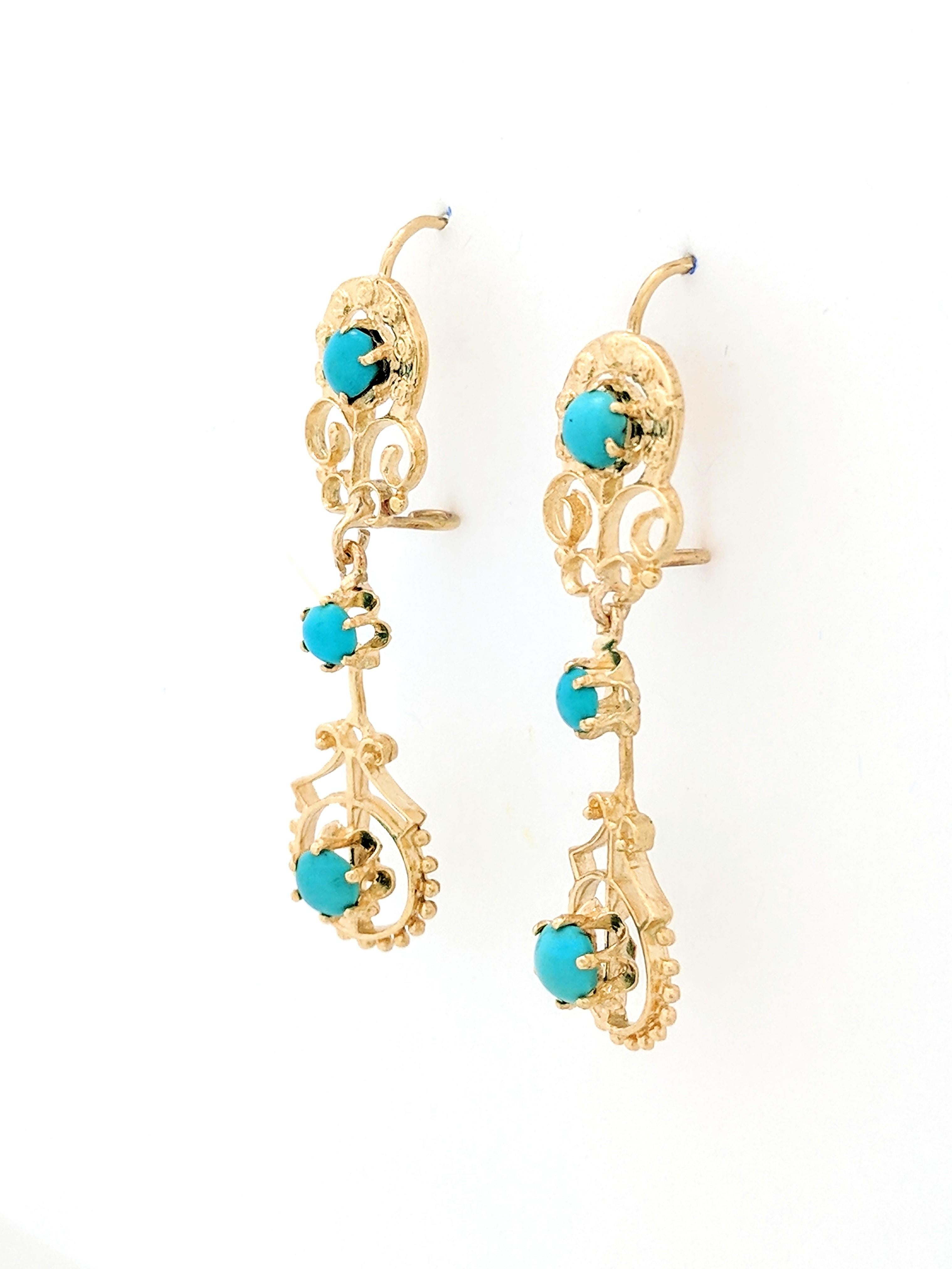 Contemporary 14 Karat Yellow Gold Turquoise Dangle Earrings 6.7 Grams