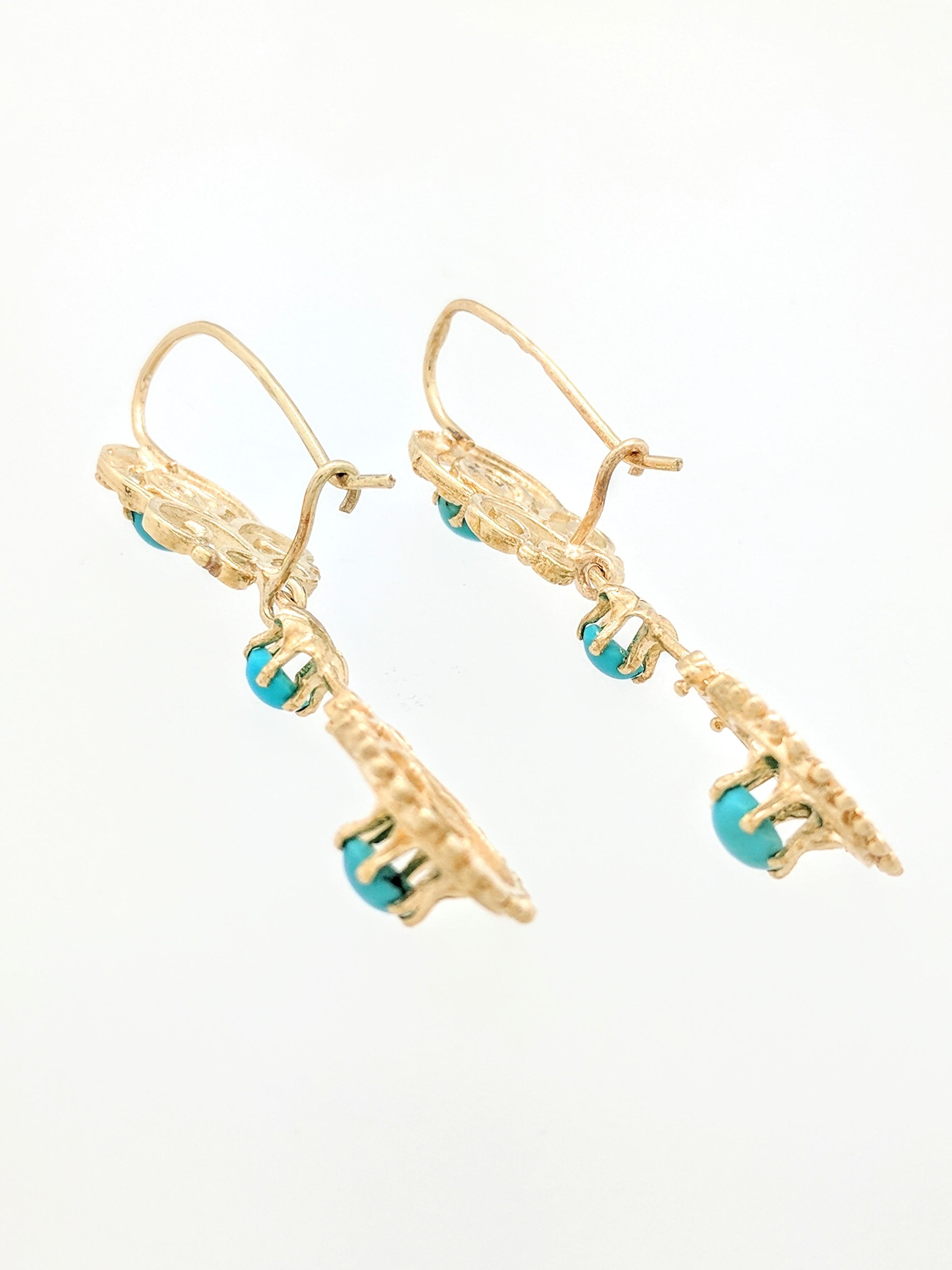 14 Karat Yellow Gold Turquoise Dangle Earrings 6.7 Grams In Excellent Condition In Gainesville, FL