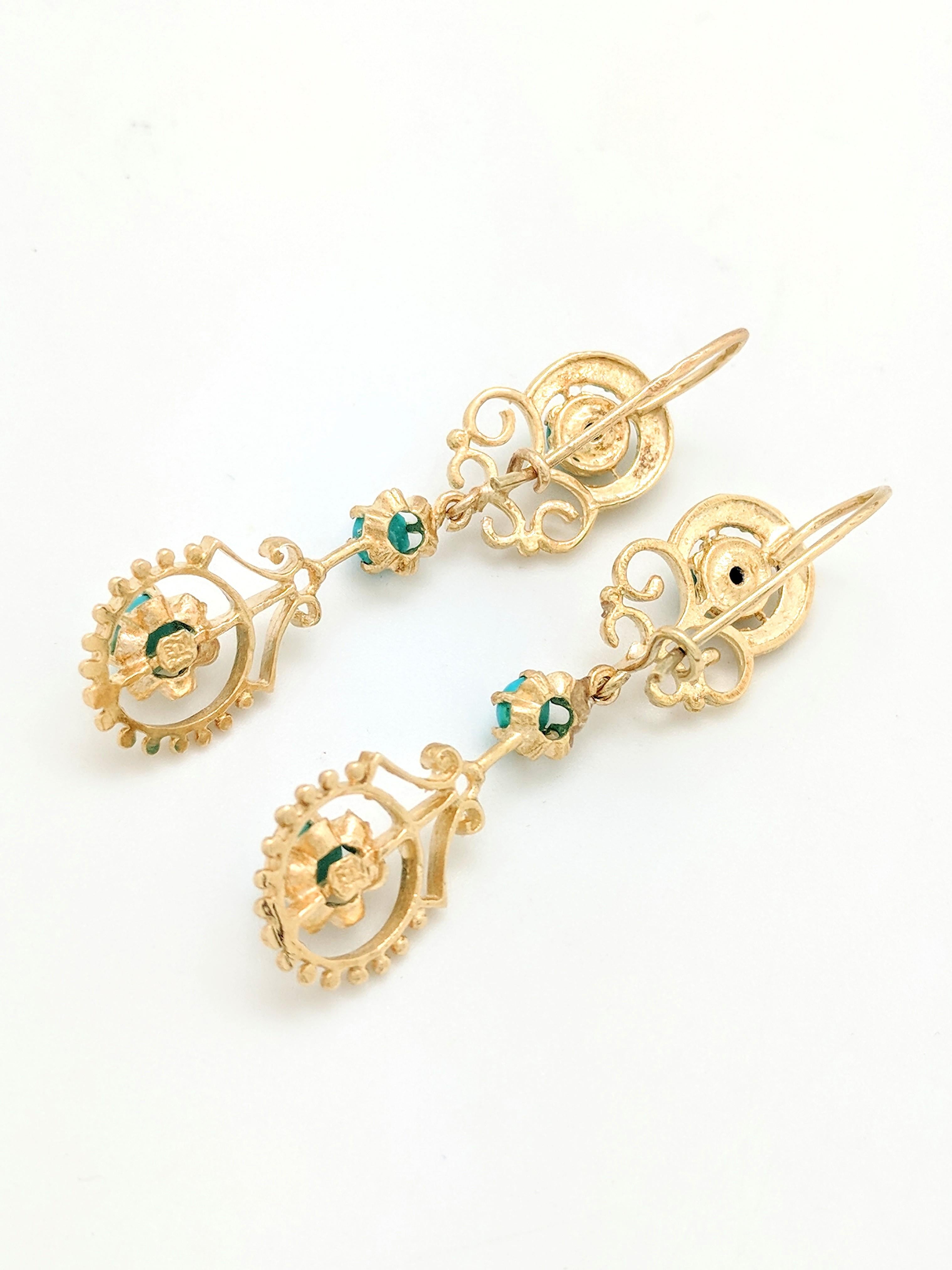 Women's 14 Karat Yellow Gold Turquoise Dangle Earrings 6.7 Grams