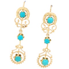14 Karat Yellow Gold Turquoise Dangle Earrings 6.7 Grams