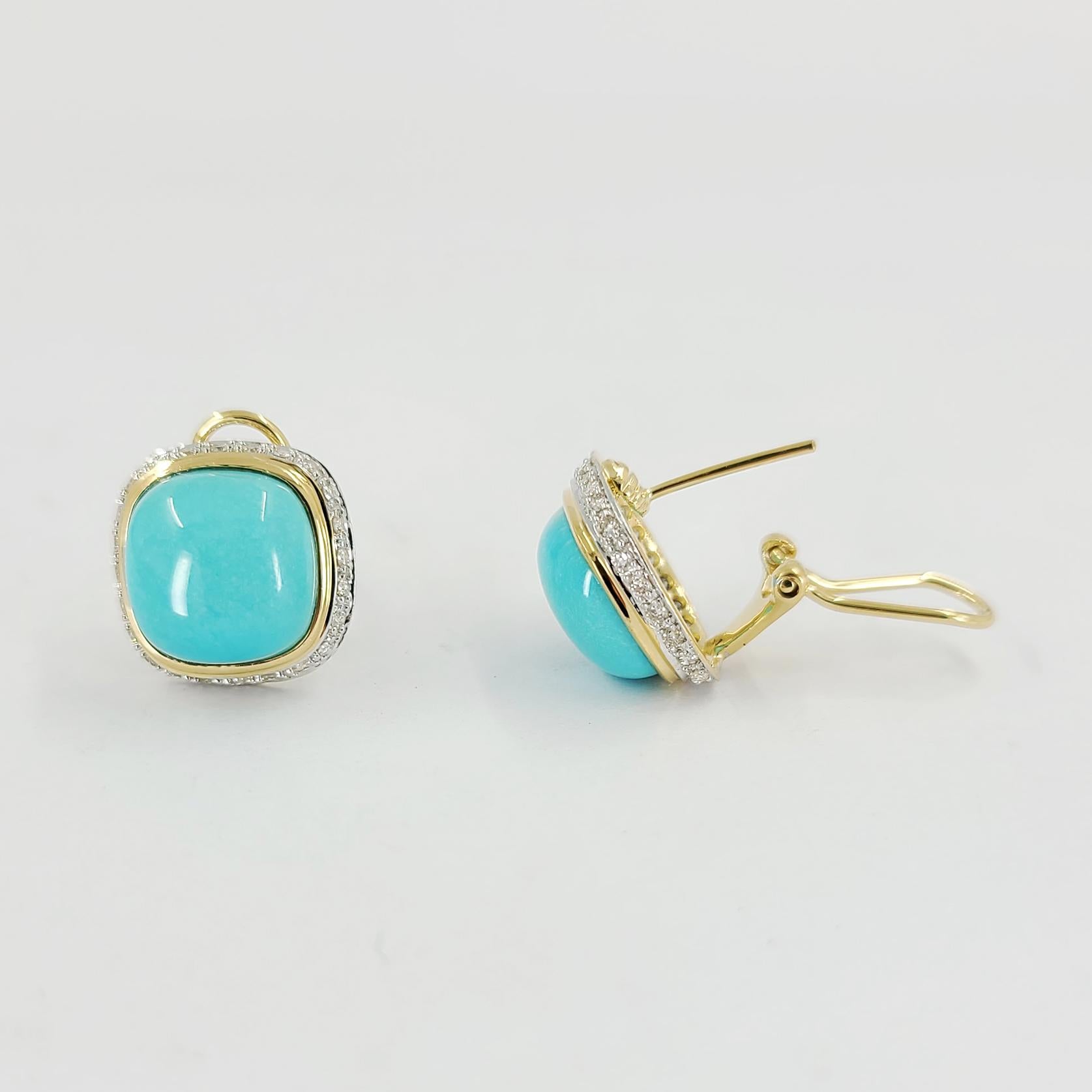 Cabochon Yellow Gold Turquoise and Diamond Clip Earrings