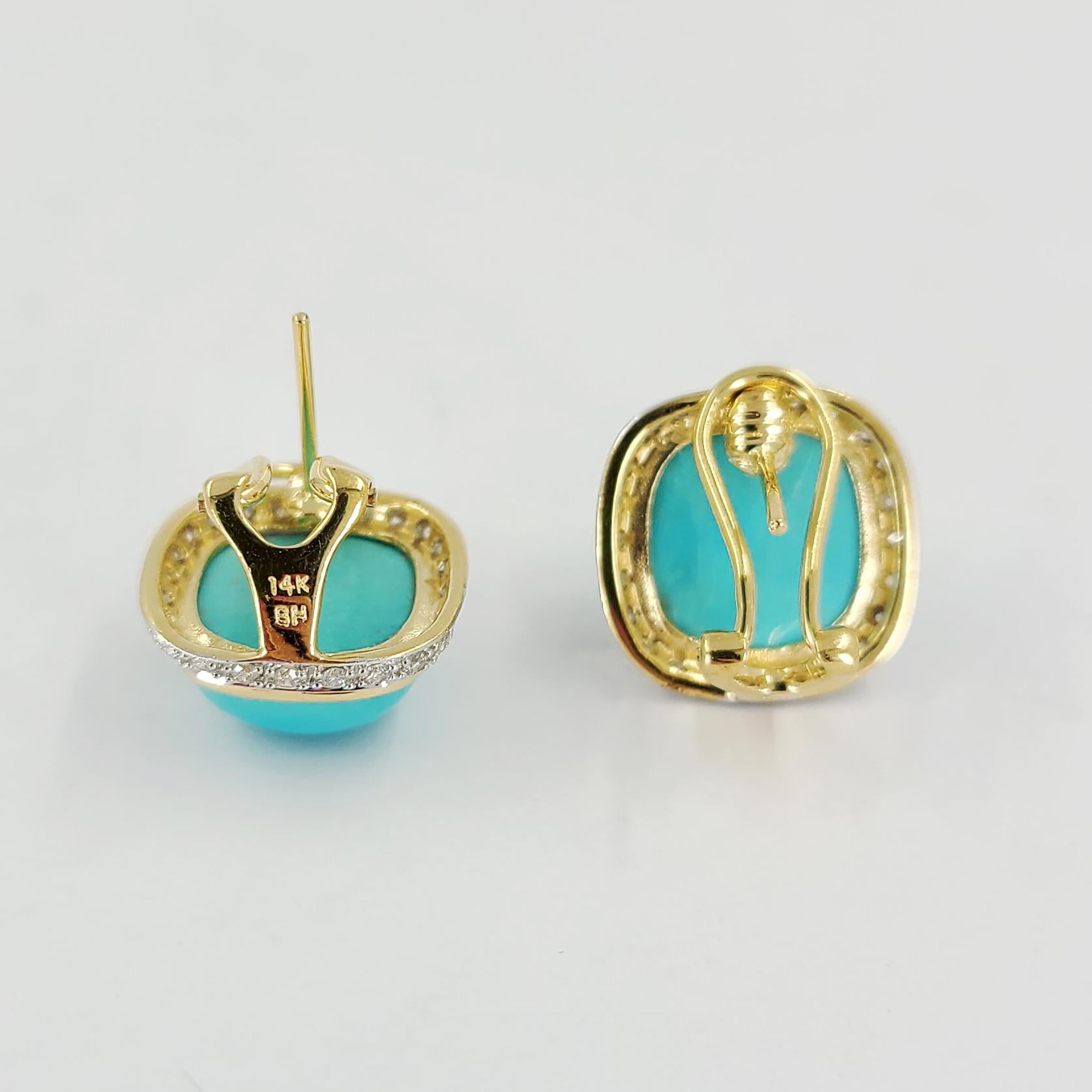 Yellow Gold Turquoise and Diamond Clip Earrings In Good Condition In Coral Gables, FL