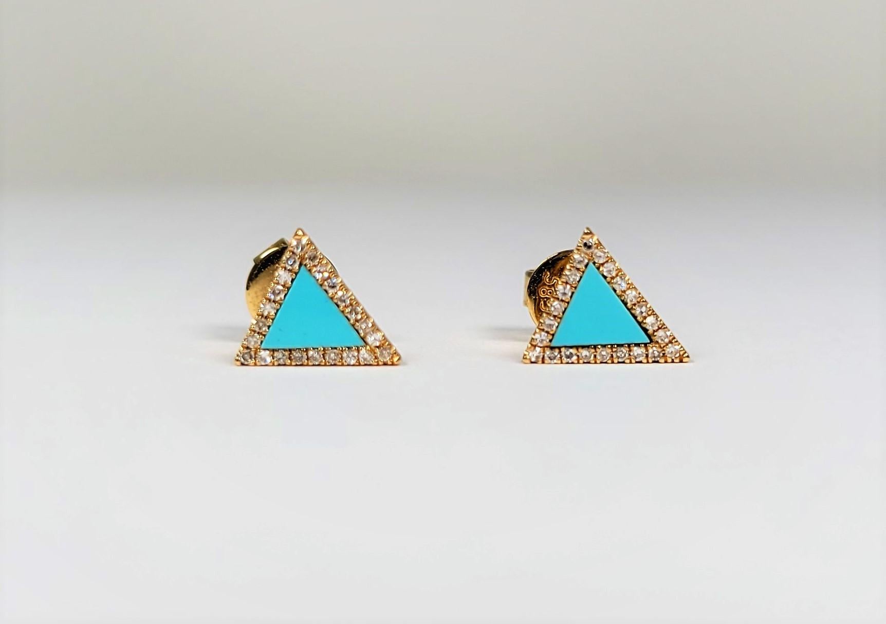 In 14 karat yellow gold, these triangle-shaped turquoise and diamond earrings are light and comfy!  
