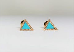 14K Yellow Gold Turquoise and Diamond Triangle Stud Earrings, New