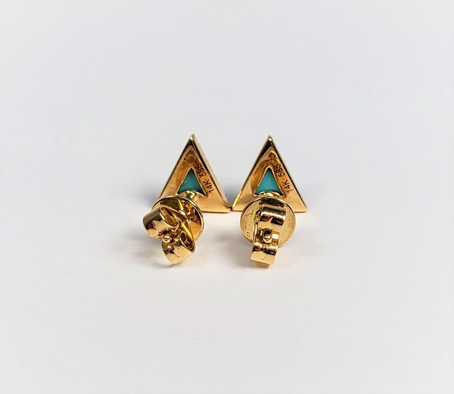 Round Cut 14 Karat Yellow Gold Turquoise & Diamond Triangle Earrings For Sale