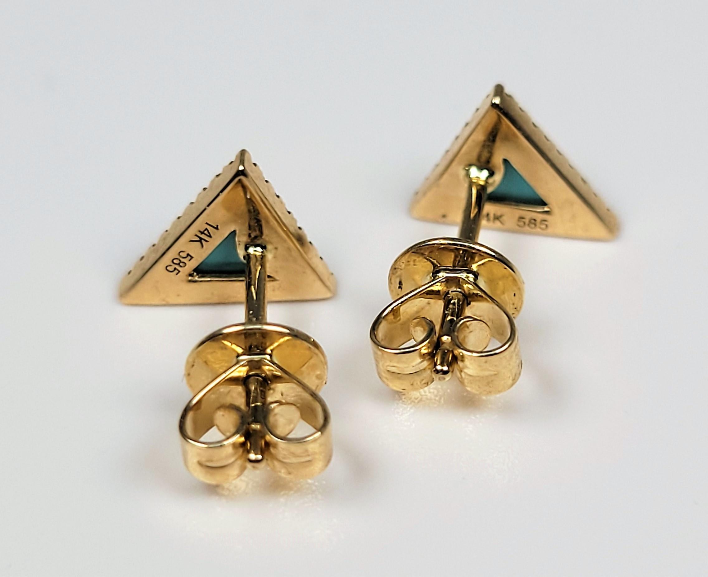 Women's or Men's 14 Karat Yellow Gold Turquoise & Diamond Triangle Earrings For Sale
