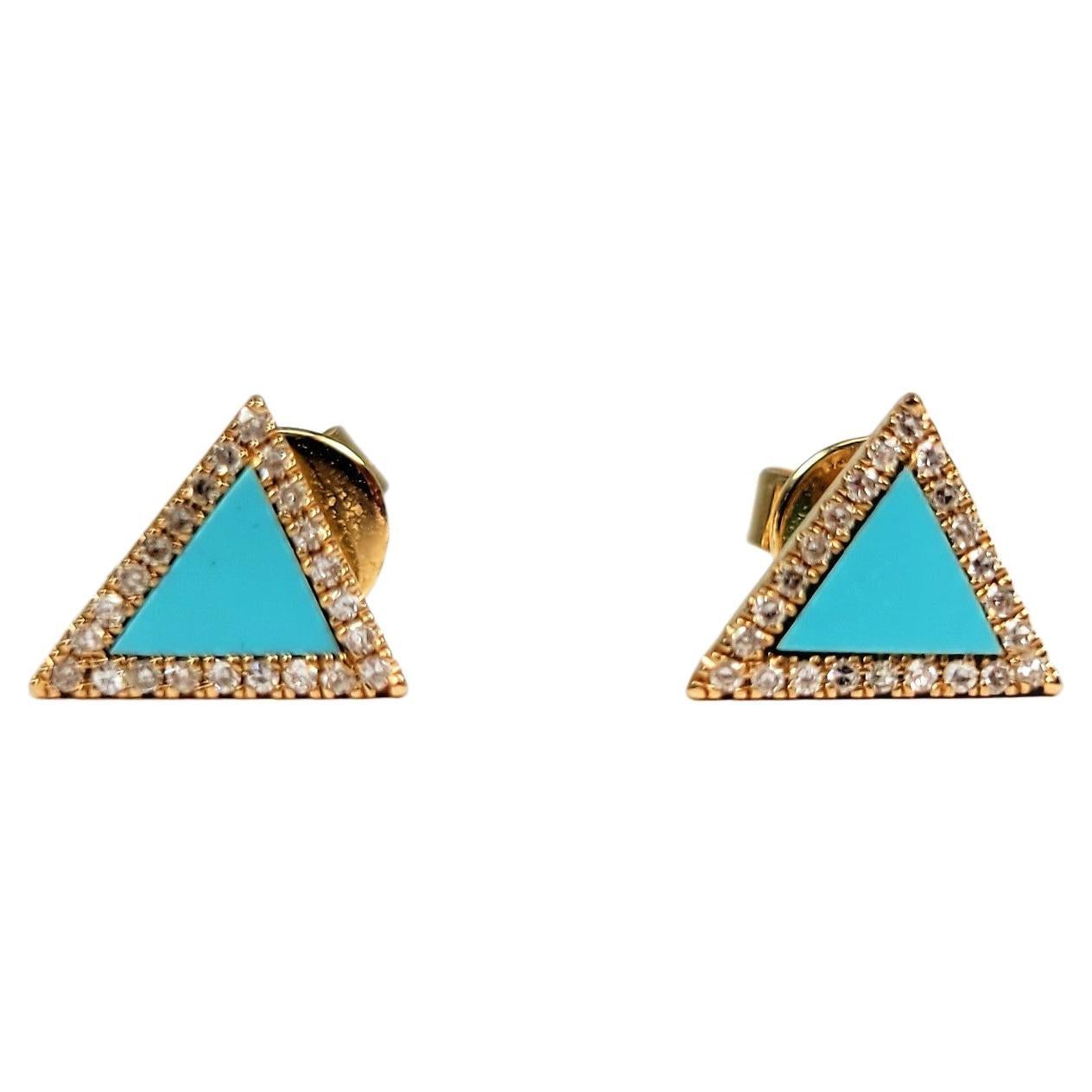 14 Karat Yellow Gold Turquoise & Diamond Triangle Earrings For Sale